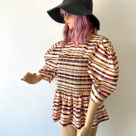 Puffed Sleeve Blouse Ruched Top Fit and Flare Blouse Ruffled Top Statement Piece - Picture 9 of 10